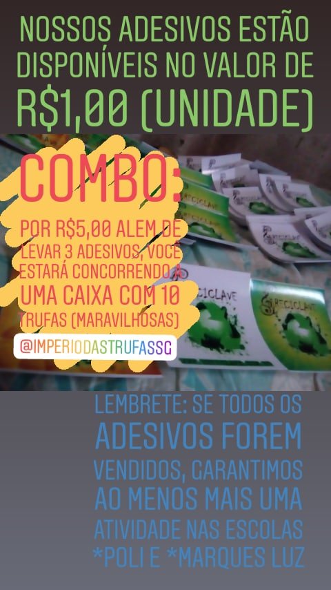proj_reciclave's tweet photo. 🚨🚨🚨 ATENÇÃO 🚨🚨🚨
#SÃOGABRIEL!!!
É hoje, o II ENCONTRO RECICLAVE SG!!!
As 15 horas na praça Fernando Abbott!!!

Lembrando que nossos adesivos estão a venda por R$1,00. 
#Combo: 3 adesivos e sorteio de uma caixa com 10 trufas da #ImperioDasTrufas = R$5,00
#Booooora
#Reciclave https://t.co/CuAYg0sjEq