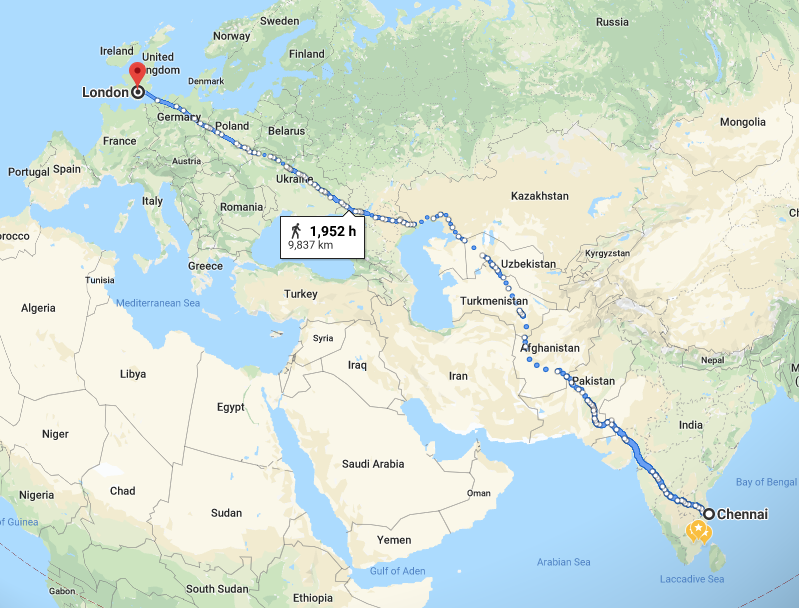 (I spent like a stupid 30 minutes trying to find a depiction of the sea route from Madras to London in 1914 and I can't find anything decent. Anyway just for fun here's what it would be like to walk from Chennai to London. Takes ~80 days. Not sure if that include sleep.) 