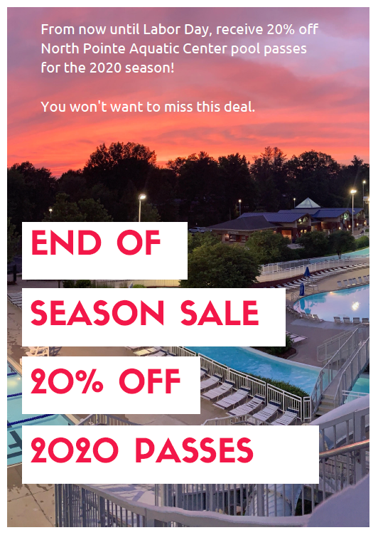 BallwinParksRec's tweet photo. It's never too early to start preparing for next summer! Check out our limited-time North Pointe sale for 2020. #NorthPointe #BallwinLife https://t.co/JqtlFgkqWZ