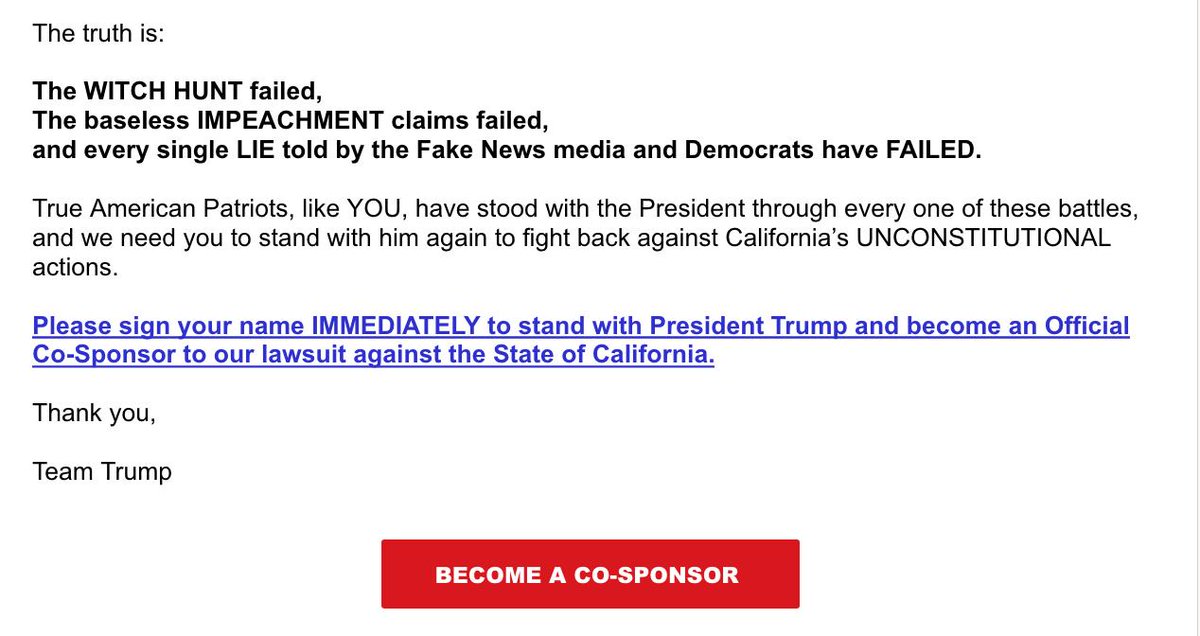 Today's Trump email, where he calls California governor "certifiably insane."