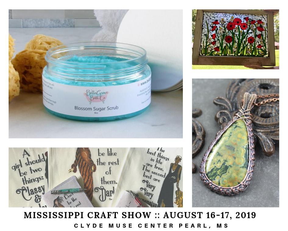 The 8th annual Mississippi Craft Show will be held on FRIDAY 16th and SATURDAY 17th of August. At the Clyde Muse Center, Pearl.
--- More information, plus map and detailed directions here: mscraftshow.com/getting-there/