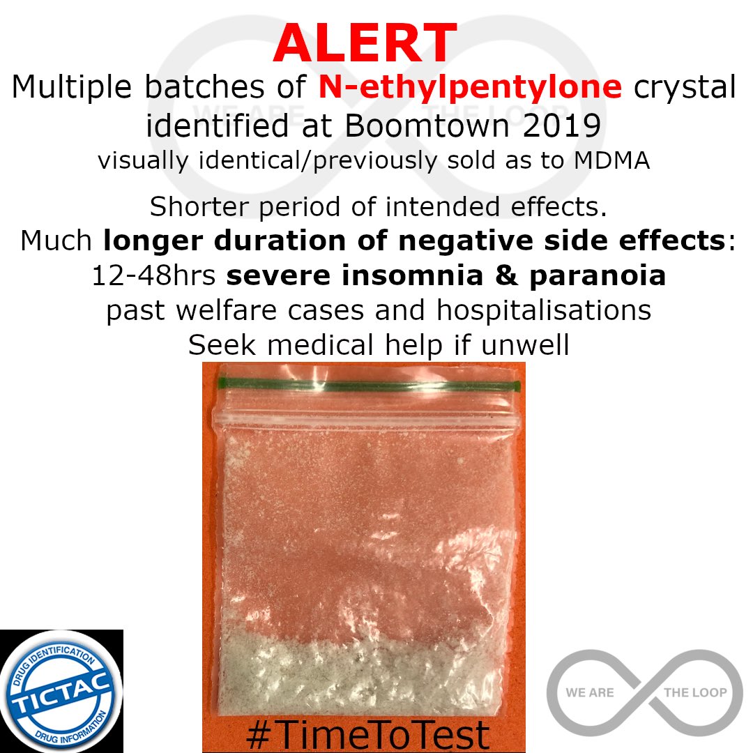 WeAreTheLoopUK's tweet image. N-ethylpentylone has been tested onsite ⁦@BoomtownFair⁩ by #TICTAC this weekend. Looks &amp;amp; smells like MDMA, previously sold onsite as MDMA. Seek medical help if unwell. #StartLowGoSlow