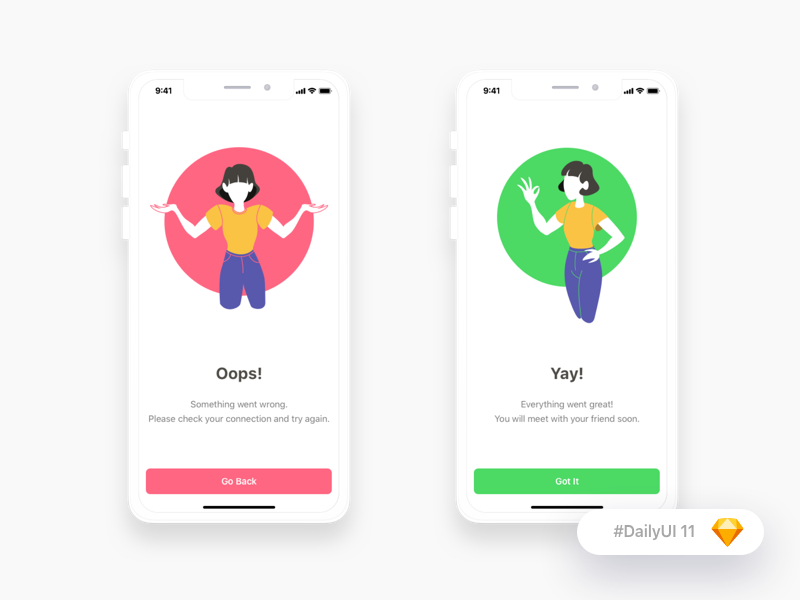 CharloDo's tweet photo. More #creativity and #illustration on my #DailyUI #challenge!!
For today I designed the #flashmessages for my "rent a friend" #app, as to give you #feedback for the action of paying the service. As you can see I used body language and colors to represent better the message. https://t.co/1FMF1Y4qGs