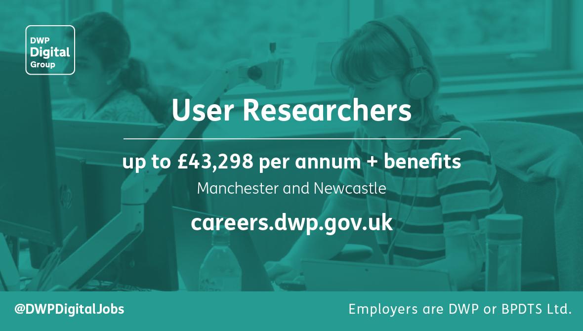 DWPDigitalJobs's tweet photo. We're recruiting two #UserResearchers. 

If you're based in #Manchester or #Newcastle and want to find out more follow the link below 👇

https://t.co/wsj58pX3Tt

#UKGovIsHiring #DWPSharedPlatforms https://t.co/Sip5IIOaHn