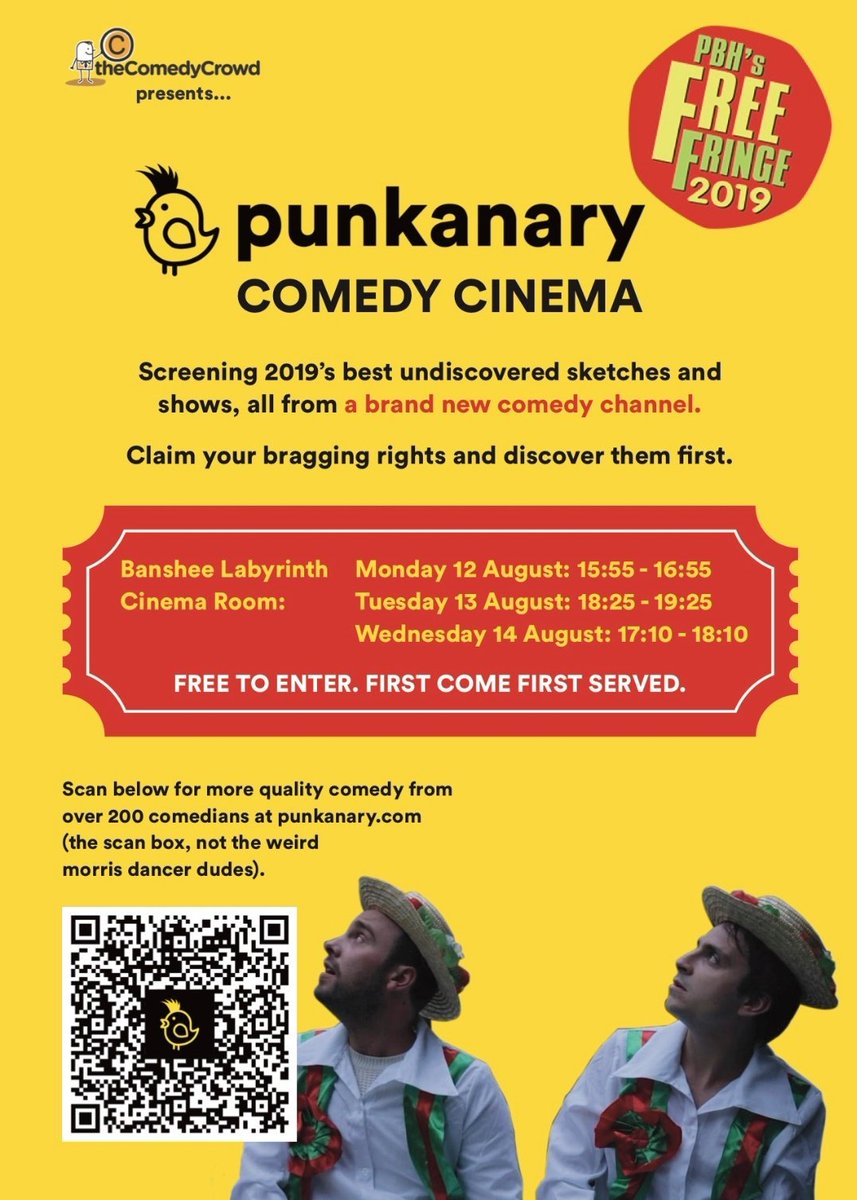 If you're up in Edinburgh for the Fringe Fest, don't miss the free @punkanary comedy cinema! You'll bear witness to some amazing comedy including some of our work which we are delighted to hear is being screened! 
<a href="/thecomedycrowd/">The Comedy Crowd</a> <a href="/edfringe/">Edinburgh Festival Fringe</a> #makeyourfringe #edfringe #pbhfreefringe