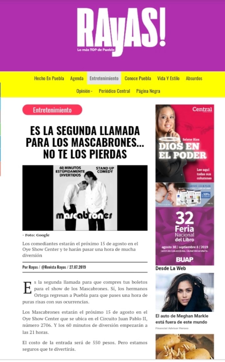 AngelloWolf's tweet photo. GRACIAS amigos de @RevistaRayas por recordar a todos en #Puebla que el 15 de Agosto 2019 @RMascabrothers se presentarán en @OyeNewRetro con su show #Mascabrones 2da. Llamada #StandUpComedy. https://t.co/mC66oP5OHV
