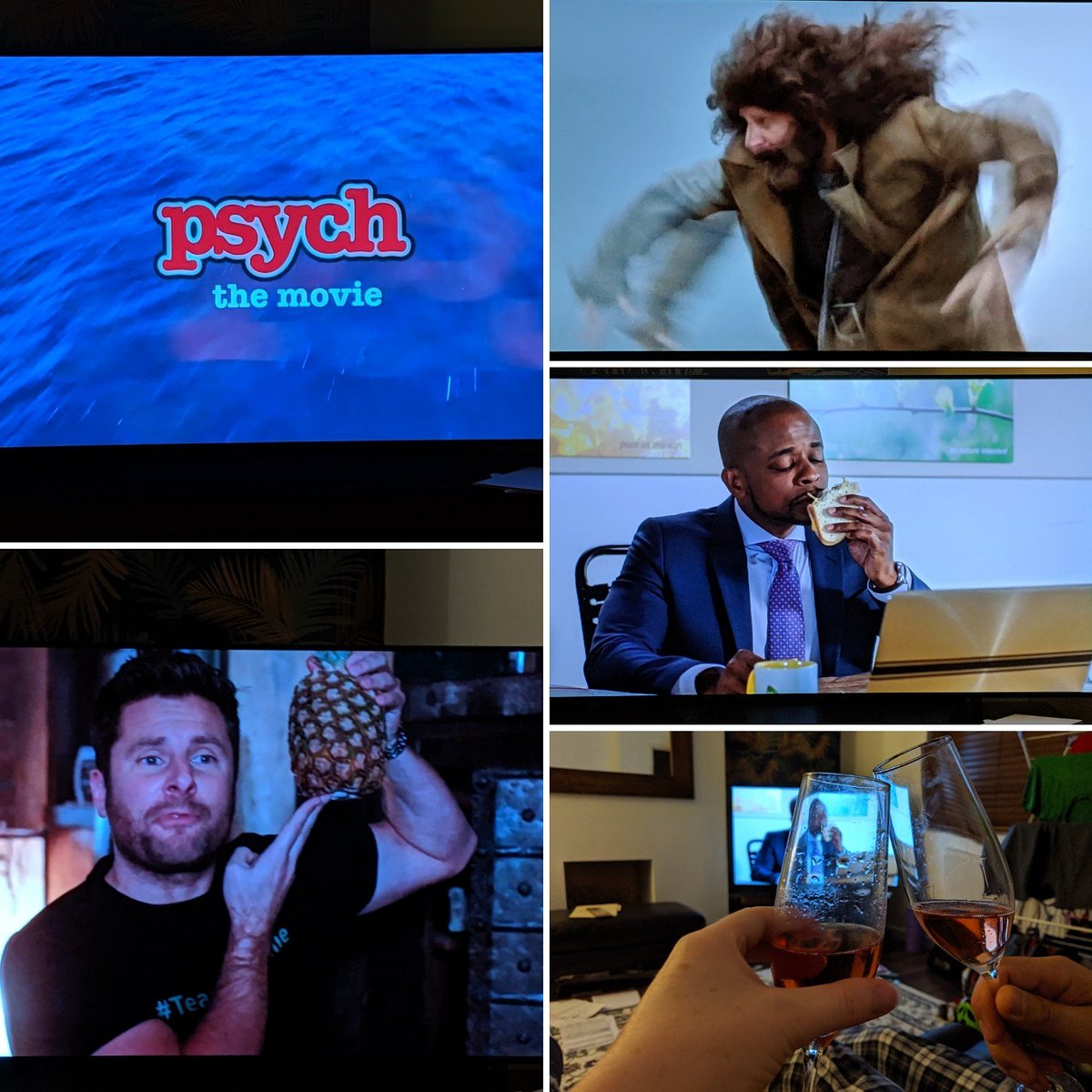JenMorganComms's tweet photo. Me & @crankedmechanic *Finally* getting to see the #PsycheMovie with the legends that are @JamesRoday & @DuleHill ๐ Whilst toasting the occasion with pink @TaittingerUK champagne. Why the devil not, eh? Pip pip! #pineapple #psychrules #latetotheparty #butdoingitinstyle ๐ https://t.co/nSfczFWpga