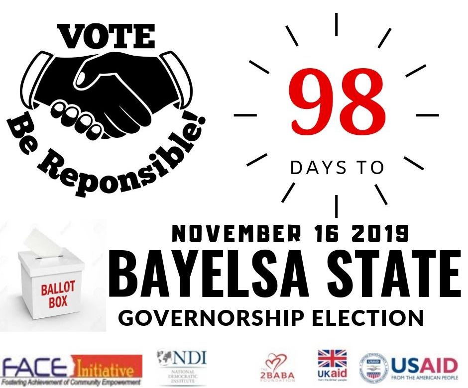 faceinitiative's tweet photo. Its just 98 days to go for Bayelsan to decide who leads them for the next 4 year. Violence Free Election is possible in Bayelsa if we all decide to make it happen
#VoteNotFight
#ElectionNobiWar
#ViolentFreeElection
#PeacefulElection https://t.co/F6dfEv5p62