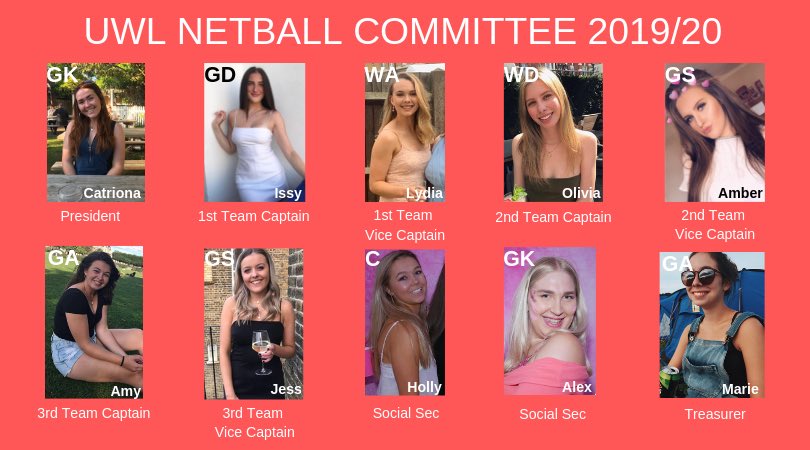 ✨Introducing our 2019/20 Netball committee✨ 
Feel free to give any of our wonderful girls a message if you need anything at all☺️ #TogetherWeFly #UWLNetballClub