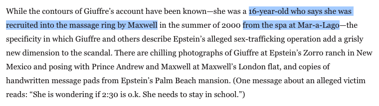 buried in @gabrielsherman's jaw-dropping #Epstein piece is the tiny matter of sex-trafficking recruitment at... MarALago #Giuffre