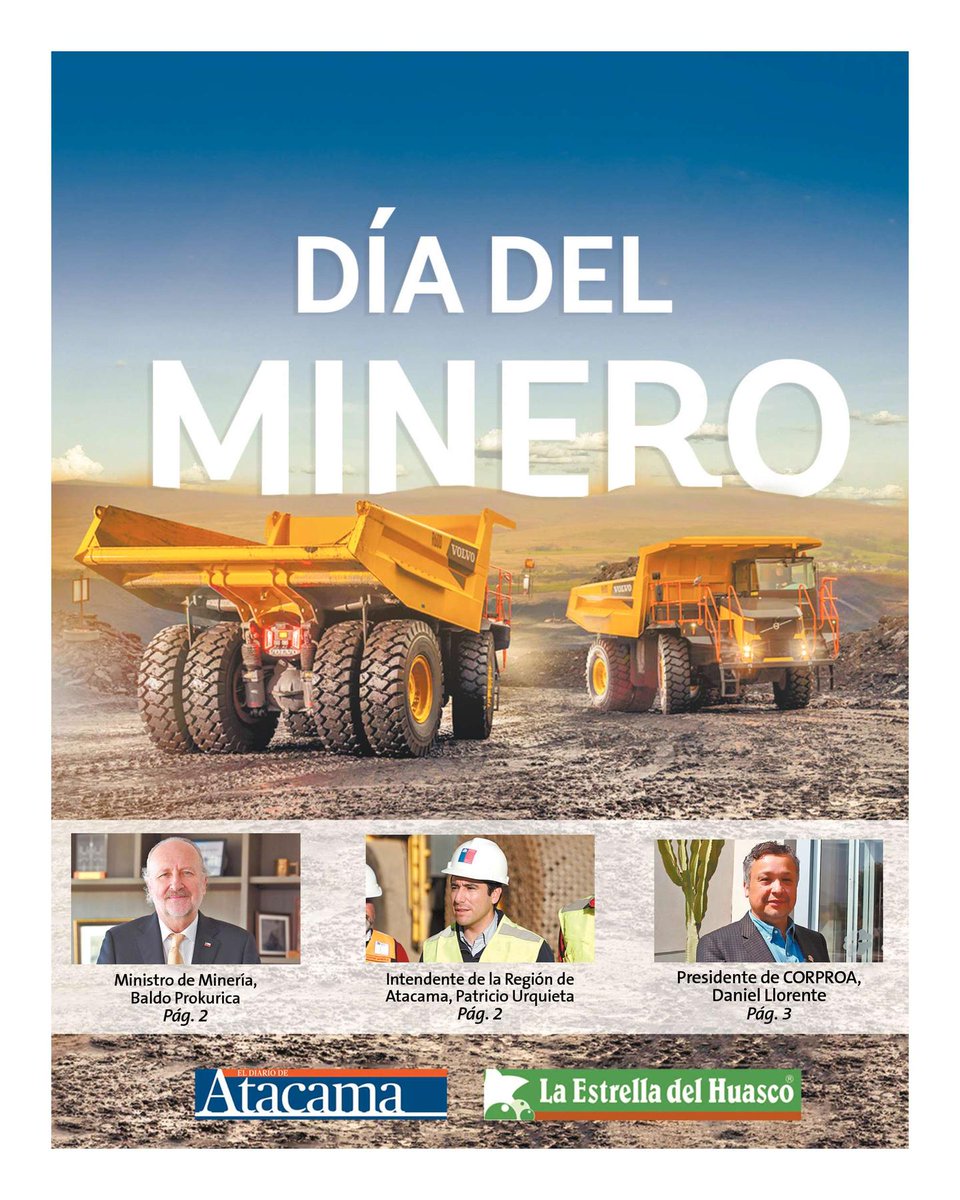 afrubilar's tweet photo. Les comparto Edición Especial Día del Minero, con entrevistas Ministro Minería @bprokurica, Intendente Atacama @UrquietaAtacama y Presidente de @CORPROA @danielllorente, más otras notas muy interesantes y gracias a las empresas que participaron.
https://t.co/ZEyiBs6rHE https://t.co/a7XAbR3hHW