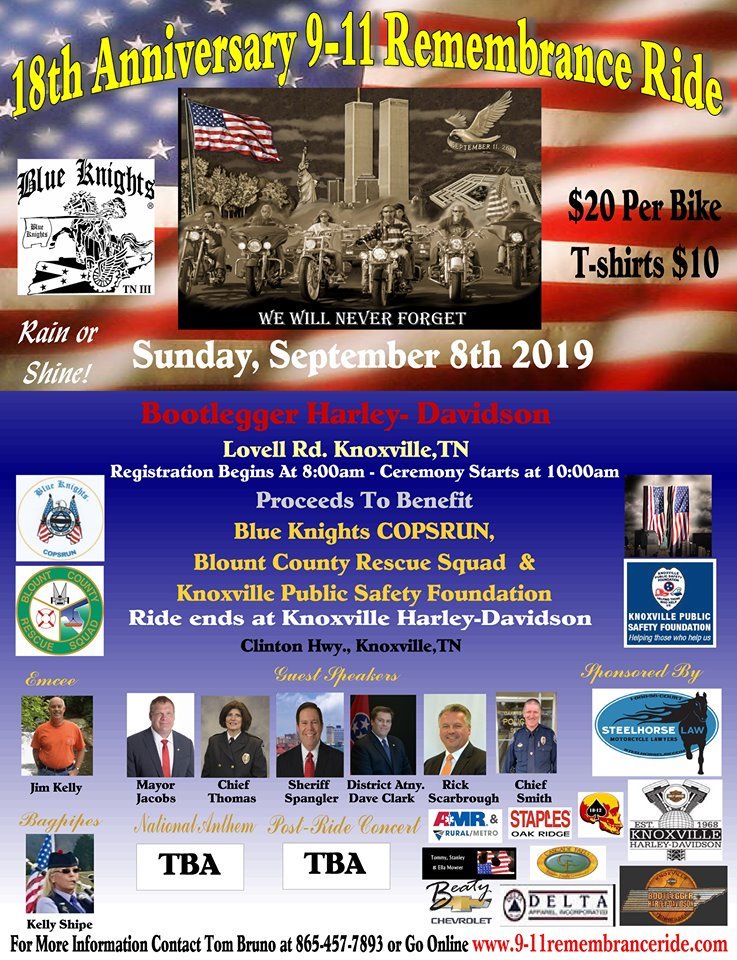 BluKnightsTNIII's tweet photo. 9-11 Remembrance Ride
WhenSun Sep 8, 2019 5am – 1pm (MST)
WhereBootlegger Harley-Davidson
Who9-11 Remembrance Ride Knoxville, TN
#remembranceride #CharityRide #Knoxville #bootleggerHD #blueknights #Tennessee #copsrun https://t.co/2rAfqkW3Y5