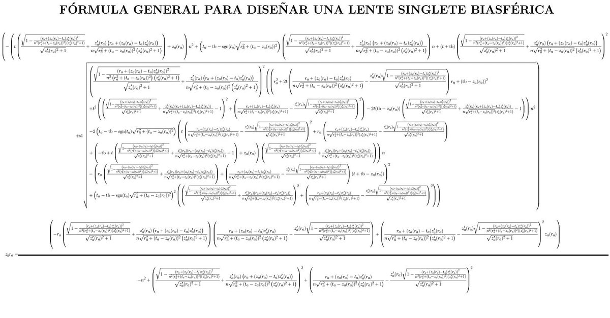 O esnada bilimde...

Optik lenslerin kenar noktalarından kırılan ışığın tam odak noktasına gelmemesinden  kaynaklı, ~2000 yıldır çözülemeyen, küresel sapma problemini Meksikalı fizikçiler  aşağıdaki formül ile çözmüş🤓

Gözlük, teleskop vb. çok daha kaliteli ve ucuz olabilecek...