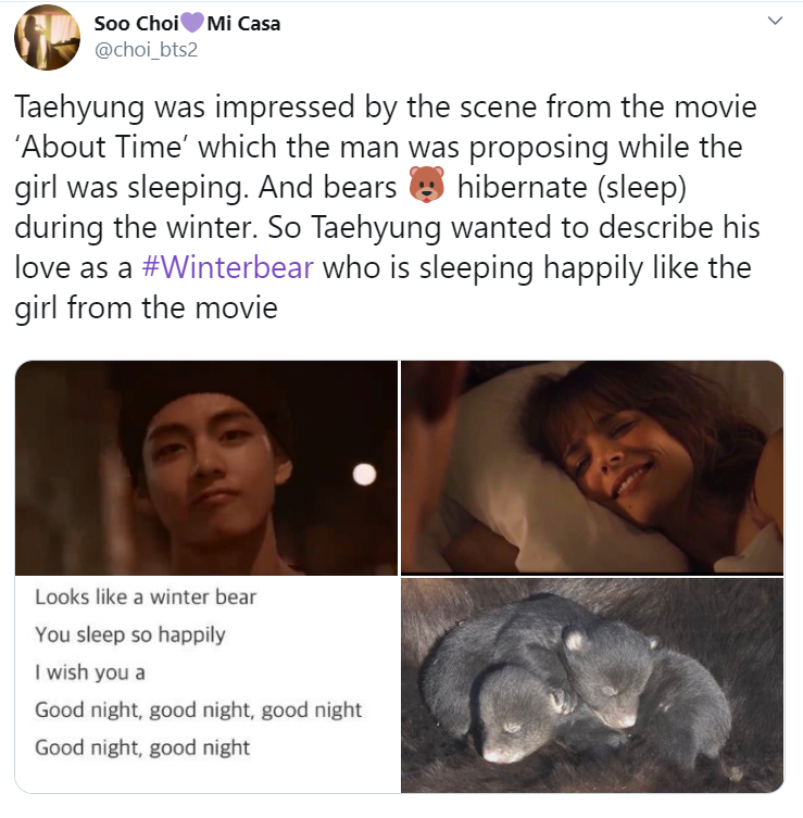 Taehyung used the dreaded SHE pronoun in his beautiful song, Winter Bear. The song was inspired by the scene in 'About Time" where the man proposes to the girl while she's sleeping. Is our Taehyungie in love? 