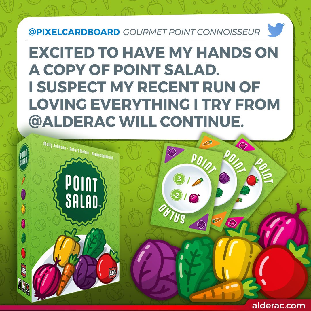 alderac's tweet photo. For those attending BIG GAME NIGHT at GenCon and FLGS everywhere, thank you for making Point Salad an instant hit! Players all over are loving this salad building card game. We want to share some comments from the #FunExperts. This one from @pixelcardboard

#Alderac #WeMakeFun https://t.co/VtfkYlqDQ0