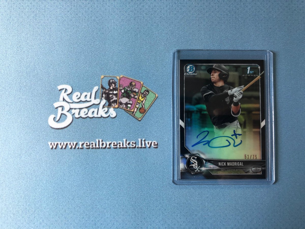 RealBreaksLive's tweet photo. 2018 Bowman Draft Nick Madrigal Black Refractor Auto /75
.
.
.
@Topps #realbreaks #boompoodle #showyourhits #whodoyoucollect #topps #toppsbaseball #bowman #bowmandraft #firstbowman #1stbowman #casebreak #groupbreak #prospect #rookie #rookiecard #nickmadrigal #whitesox #chisox https://t.co/8QDgXRq0p5