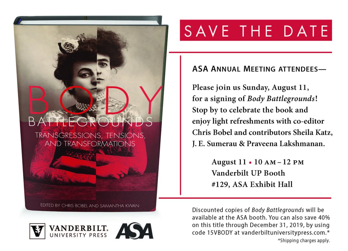 TMHaltom's tweet photo. Tomorrow morning stop by the @VanderbiltUP booth to check out Body Battlegrounds! Like what you see? There's a discount on the book, too. What you save on your purchase can go toward the overweight baggage fee on the way home. #ASA19 #SSSP19 #Allthebooks #tsundoku https://t.co/2sCPsIHdxN