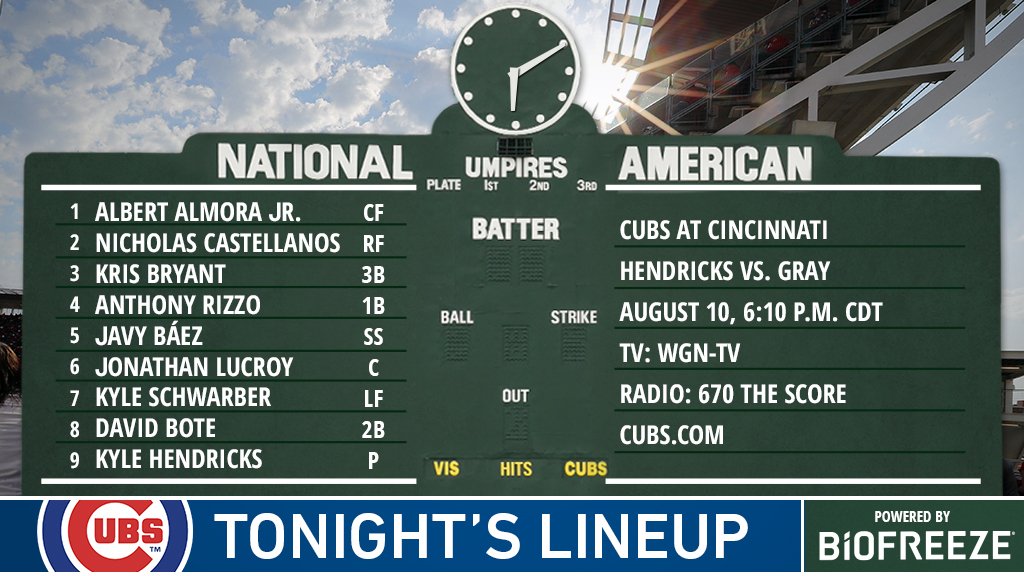 Cubs's tweet photo. Here is tonight's #Cubs lineup in Cincinnati. #EverybodyIn

Game preview: https://t.co/WAvoSuEUVB https://t.co/7mdDljMD51