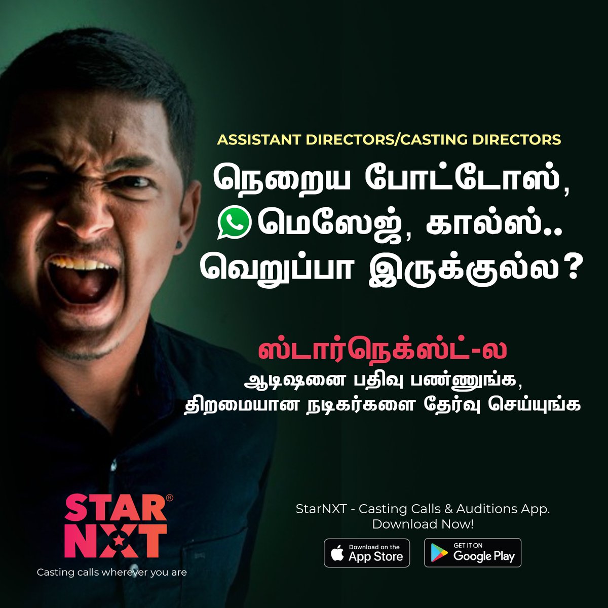 StarNXTofficial's tweet photo. ASSISTANT DIRECTORS/CASTING DIRECTORS
நெறைய போட்டோஸ், மெசேஜ், கால்ஸ் வெறுப்பா இருக்குல்ல..?😡
ஸ்டார் நெக்ஸ்ட்-ல ஆடிஷனை பதிவு பண்ணுங்க திறமையான நடிகர்களை தேர்வு செய்யுங்க
#starnxt #assistantdirector #Castingcall #Audition #castingdirector #tamilmovie #Filmmaker #director https://t.co/BoYVvqu7WG