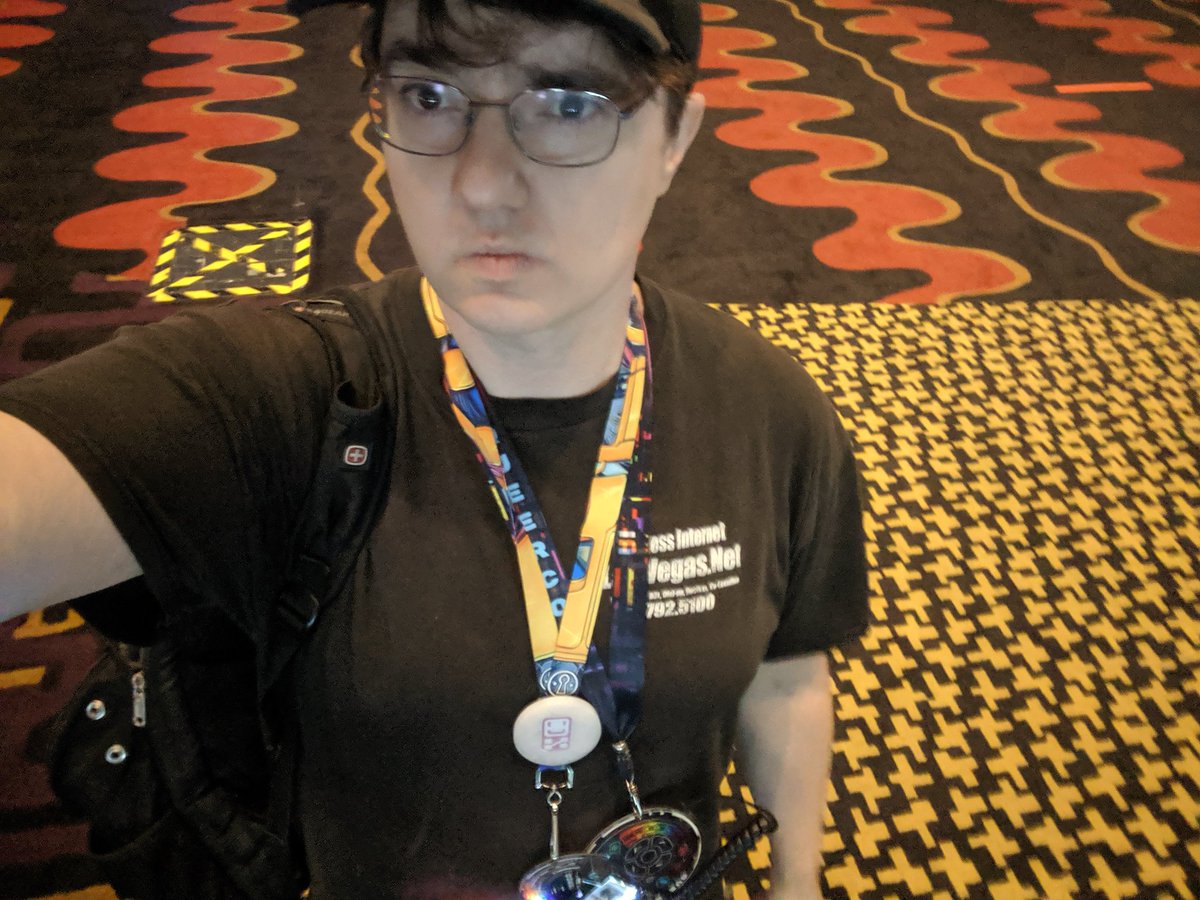 wonderingraven's tweet photo. Waring a shirt I designed 15 years ago I remember I couldn't ware this shirt because I got too big now it's super big on me. #DEFCON #DEFCON27 #TransIsBeautiful #transwoman #Queercon #qc16 #dc27 #transgender https://t.co/cK2dAB5LMl