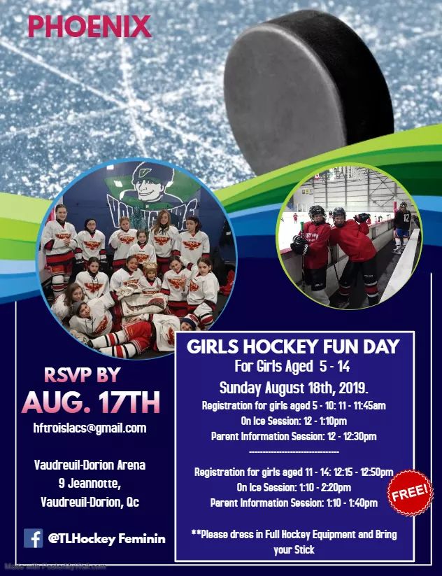HFPhoenix1's tweet photo. Girl Hockey Day on Aug. 18th open for girls aged 5 - 14. Come and join us for this free event. 

Pls RSVP HFTroisLacs@gmail.com https://t.co/4l0xp76BLi