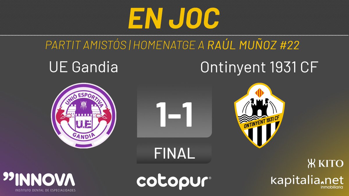 📝 Final! Molt bon partit dels deixebles de <a href="/RobertobasBas/">Roberto Bas</a> en la línia de la seua filosofia de joc i amb molta cura del baló en totes les línies. 
⌚ Final
⚽ <a href="/CF_UEGANDIA/">UE GANDIA</a> 1 - <a href="/ontinyent1931cf/">Ontinyent 1931 CF</a> 1
🏆 Partit amistós