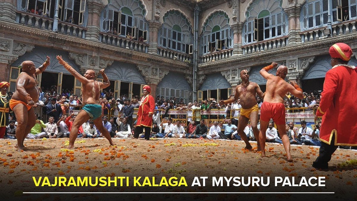 now vajra mushti fights held annually at Mysore palace. royal patronage kept alive many of such Indian martial arts. a form of malla yuddh