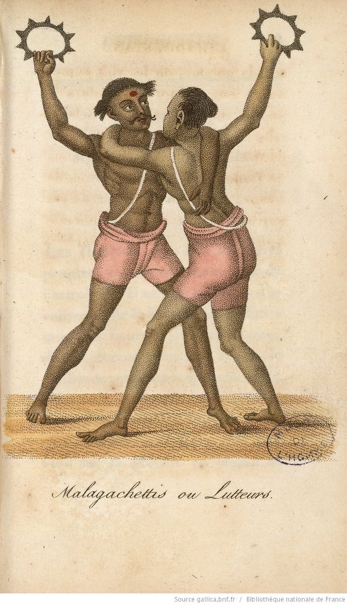 a painting showing Malaga chetti jetti or jatti wrestlers fighting with a chakra type of weapon, may be it is Vajra Mushti, potronaged by Mysore royals