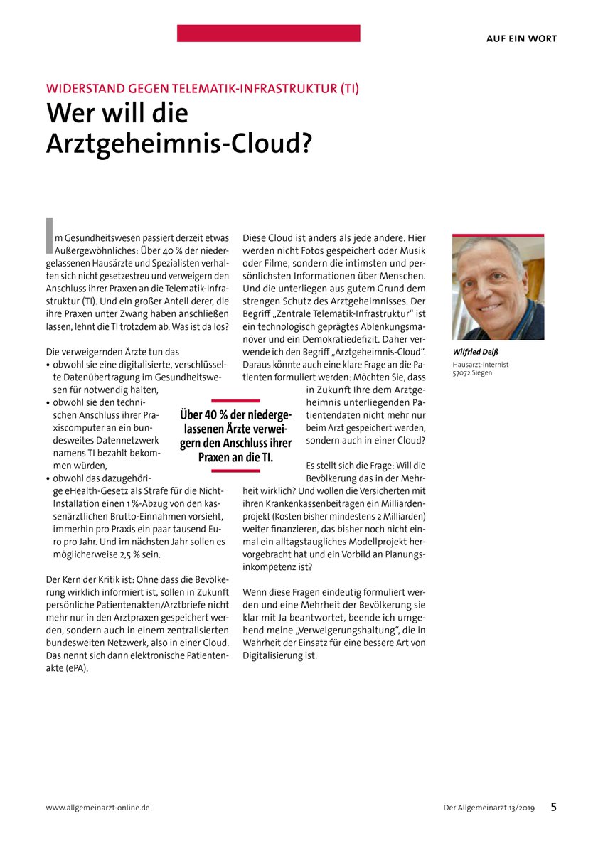 ! Bitte, Bitte ! Endlich Patient*innen mit einbeziehen bei #Telematik / #ePatientenakte / #Patientendatenschutz:  Anbei frischer Beitrag aus Zeitschrift ALLGEMEINARZT. 
Die Kurzfassung der demokratisch entscheidenden Frage an Patient*innen:
Wer will die #ArztgeheimnisCloud ?
