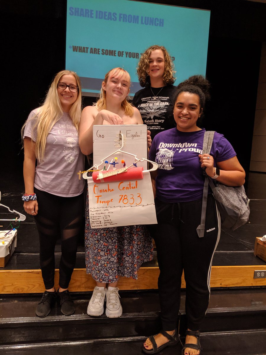 OnlineCallBoard's tweet photo. Four of our officers at the Millard West leadership retreat, along with the most beautiful masterpiece ever created: sparkly figures rowing a boat together, depicting our core values of teamwork, creativity, and efficiency https://t.co/zjFngFhndt