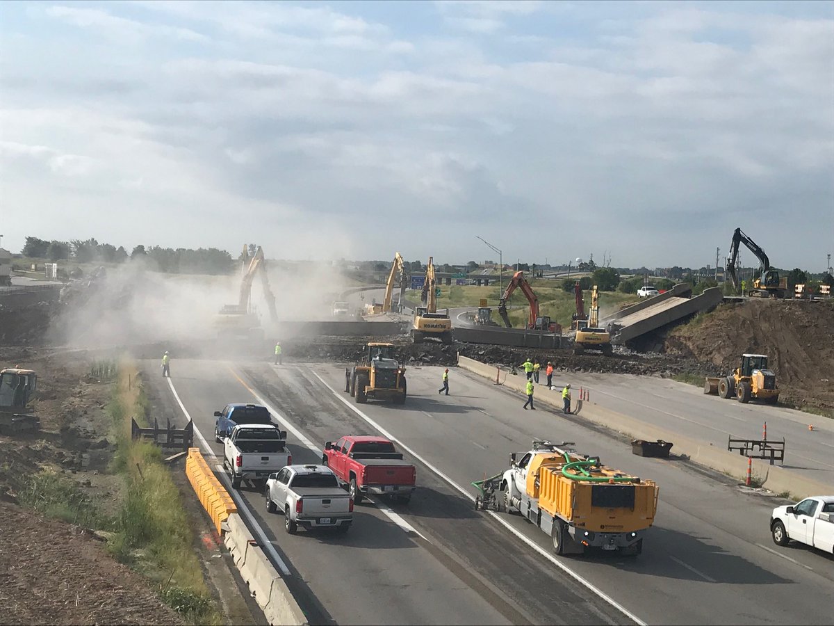 ClarksonBuilds's tweet photo. Demo of the NW Old Tiffany Springs Road Bridge is progressing as planned! Both lanes of I-29 near NW Tiffany Springs Road will remain closed until demo/removal are complete. 

For alternate routes to @KCIAirport during this closure, visit @MoDOT_KC at https://t.co/840xpP2CU0. https://t.co/yCqIEOVKnx