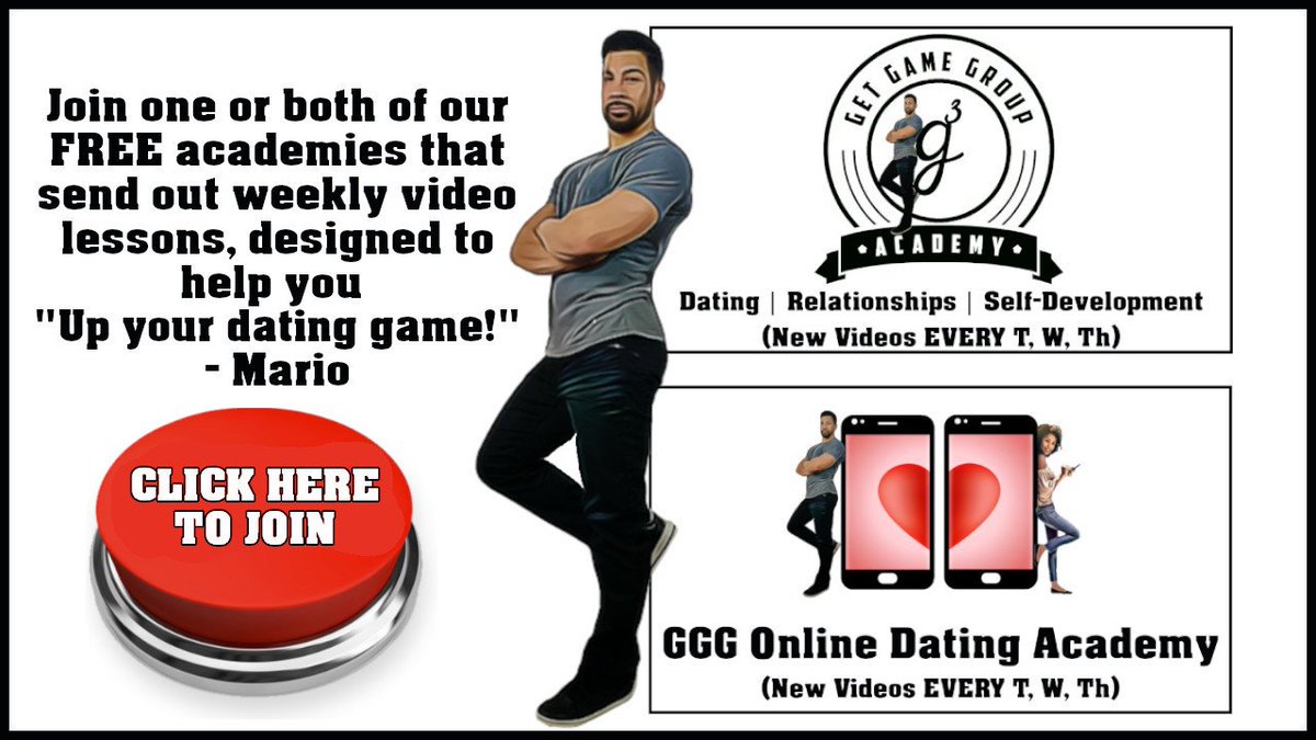 upurdatinggame's tweet image. You&apos;re invited to join one or BOTH of our FREE, ONLINE ACADEMIES. Sign up NOW to receive weekly videos designed to &quot;LEVEL UP your Dating Game!&quot; - Mario
(link: upyourdatinggame.com) upyourdatinggame.com
#DatingAdvice #DatingTips #OnlineDating #DatingCoach