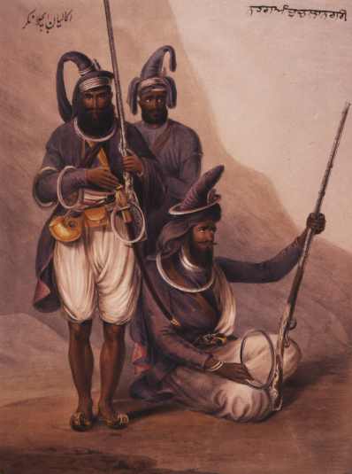 Chakram or Chakkarearlier in thread a circular Vajra mushti i shared, but it is chakra much used by Sikh warriors Nihnags, as this painting depicts. when a smaller version, it is worn in arms or held in palm. chakraniIndian martial arts really need documentation. its heritage?