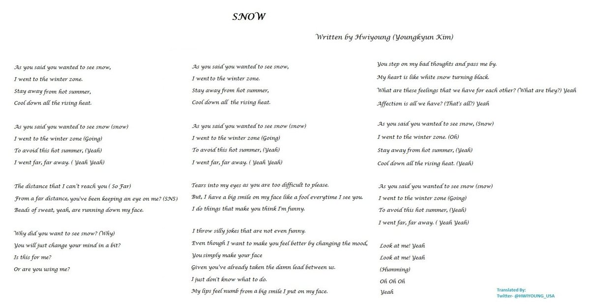 [ #Lyrics Update] SO AMAZING & AUTHENTIC!-Here are the song lyrics of < #Snow ( #눈)>  #Hwiyoung wrote & released on  #SoundCloud. (EnglishㅣKorean)Listen:  http://soundcloud.com/h0123/kkkkdflirrga #SF9  #휘영  #영균 #너목소리두노래두랩가사두정말최고구완전감동이양 #hiphop  #rap  #WOW