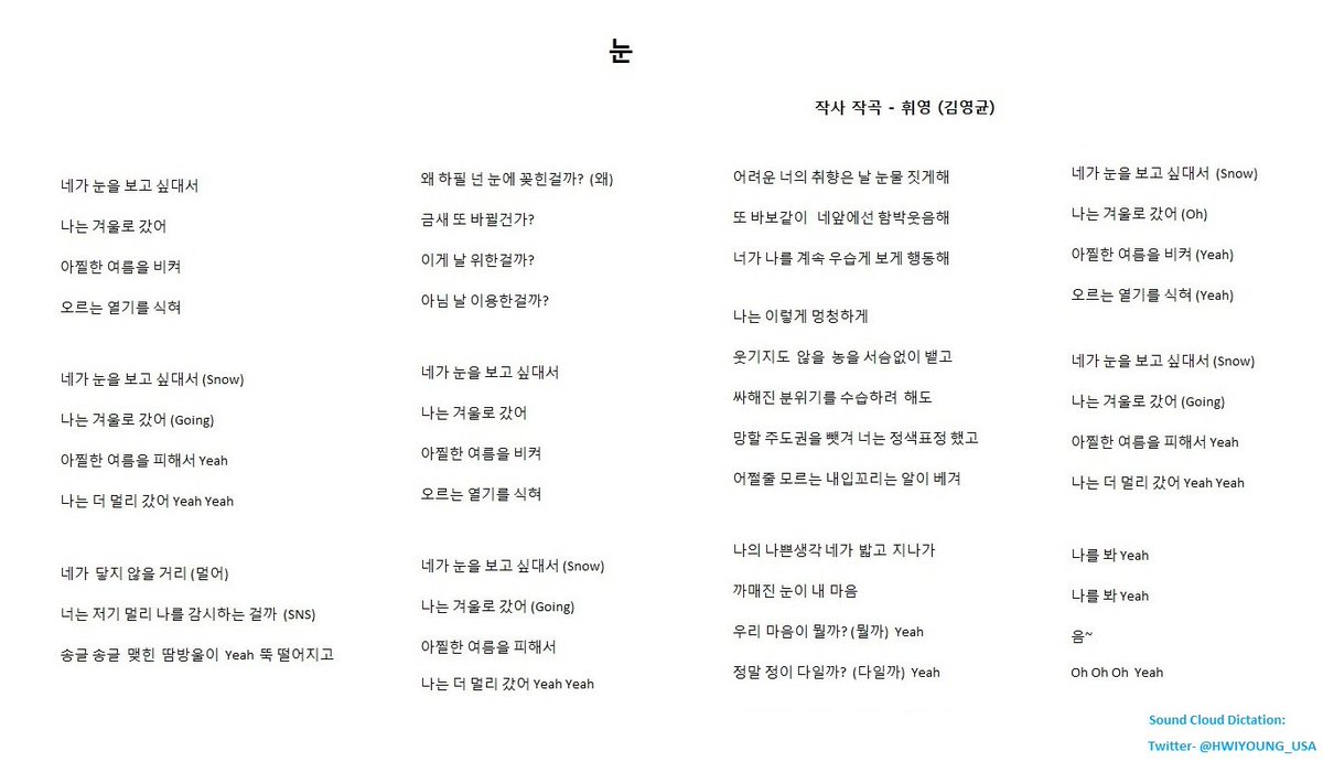 [ #Lyrics Update] SO AMAZING & AUTHENTIC!-Here are the song lyrics of < #Snow ( #눈)>  #Hwiyoung wrote & released on  #SoundCloud. (EnglishㅣKorean)Listen:  http://soundcloud.com/h0123/kkkkdflirrga #SF9  #휘영  #영균 #너목소리두노래두랩가사두정말최고구완전감동이양 #hiphop  #rap  #WOW