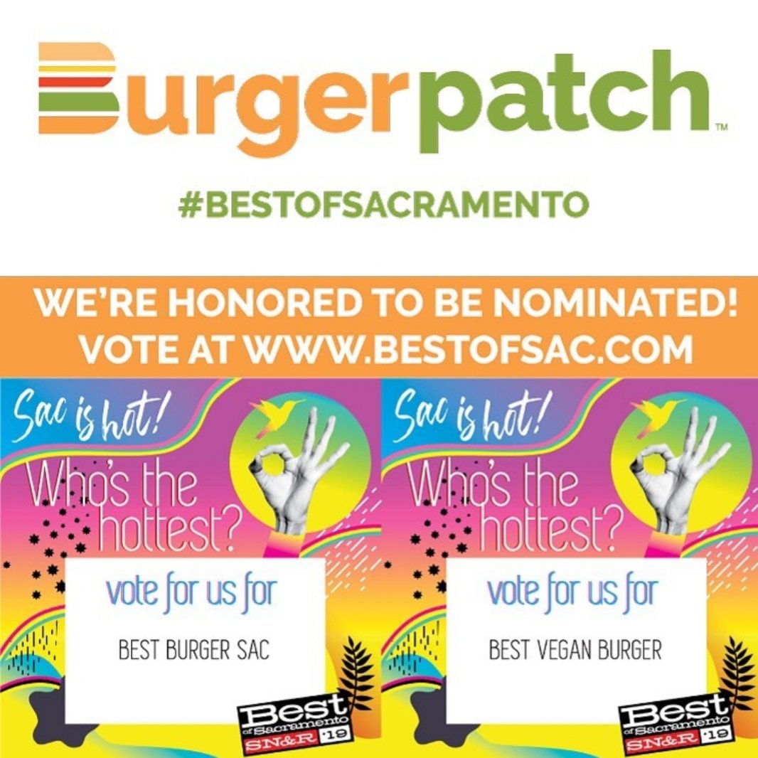 BethanyCrouchTV's tweet photo. ๐โค Please take a minute to vote for @TheBurgerPatch!! Best burger Sac & Best vegan burger! (I wrote #burgerpatch in for Best Brain Freeze too because the earthquake shake is LIFE!!!) Voting ends Sunday!! https://t.co/9aIBqrUWE4