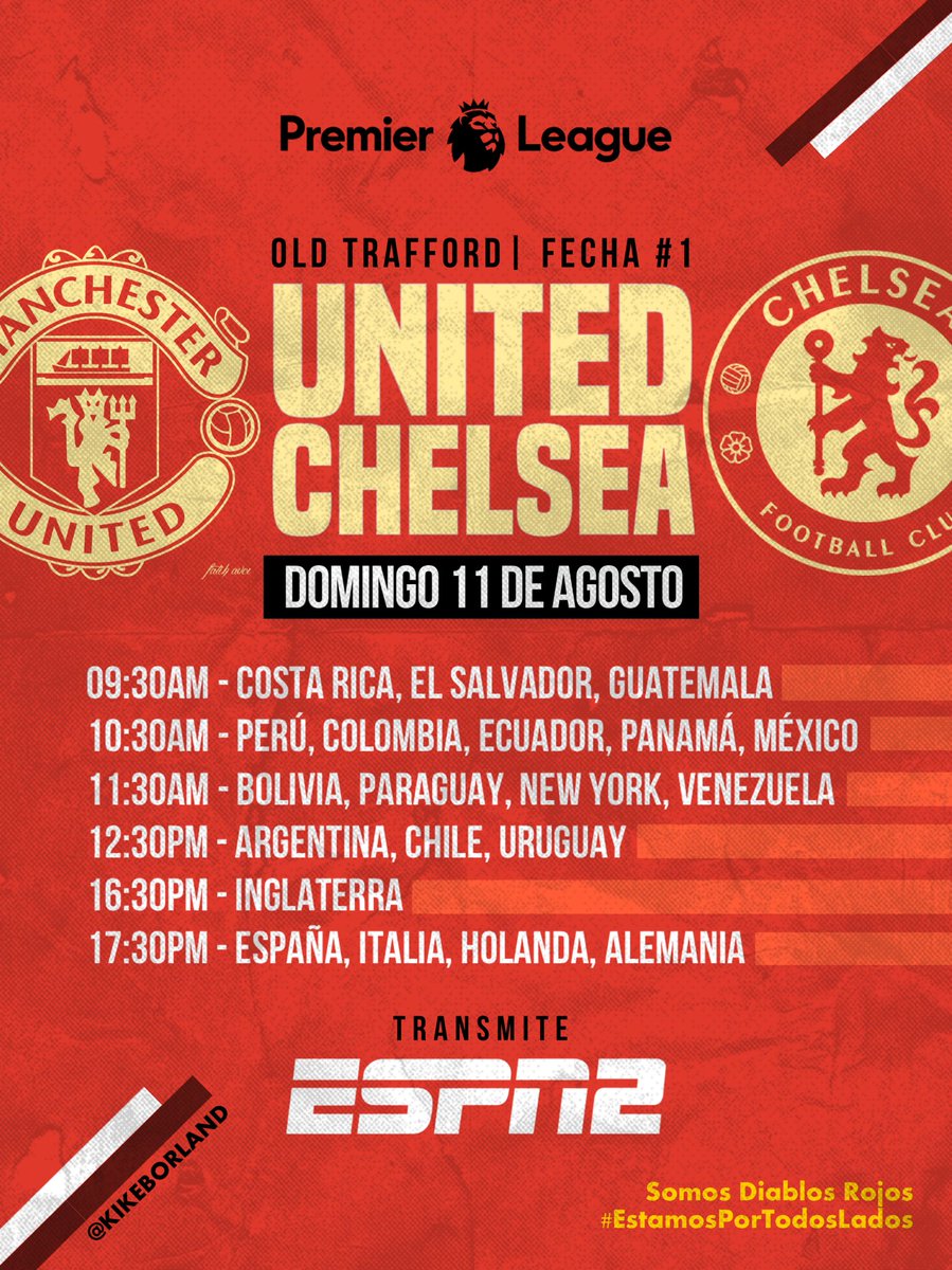 RinconDelUnited's tweet photo. 🏆 Premier League | Fecha #1 

⚽️ Manchester United v Chelsea 🤝

🗓 Domingo 11 de Agosto 📌 Old Trafford 

🖥 ESPN 2 (Sudamérica) Sky Sports (México y Centroamérica) 

😈 Likea y Comparte para la familia ⚔️

Somos Diablos Rojos #EstamosPorTodosLados 🇾🇪 https://t.co/yyj2pfW048