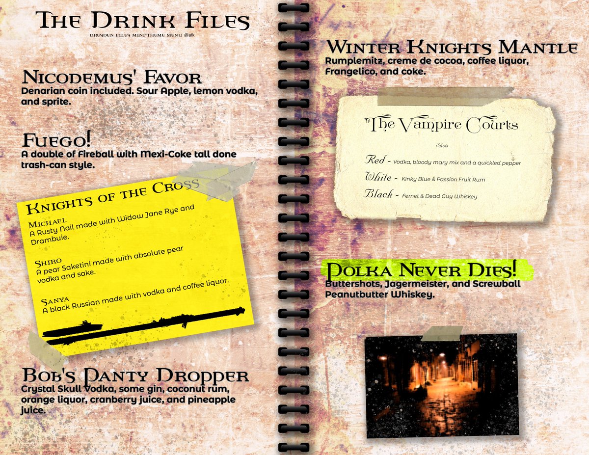 AFKTavern's tweet photo. Dresden Files mini theme night drink menu will be live at 6pm for Saturday (8.10) #dresdenfiles #afktavern #nerddrinks https://t.co/mXMBSQRpEa