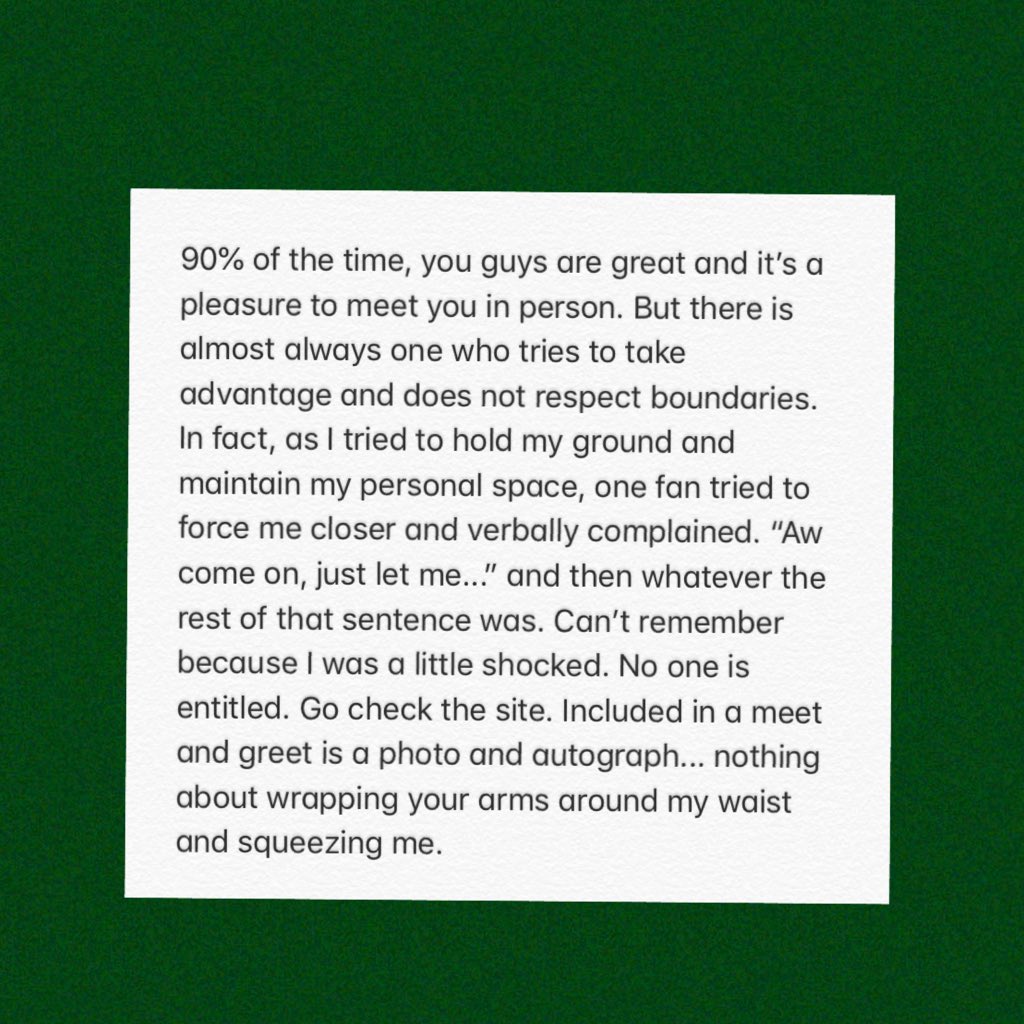 RealKellyKlein's tweet photo. Hey Team. 90% of the time, you guys are great and it’s a pleasure to meet you in person. But there is almost always one who tries to take advantage and does not respect boundaries...
Feel free to share any ideas in the comments. Thank you for reading this.
#TeamKlein https://t.co/c75Owt487I
