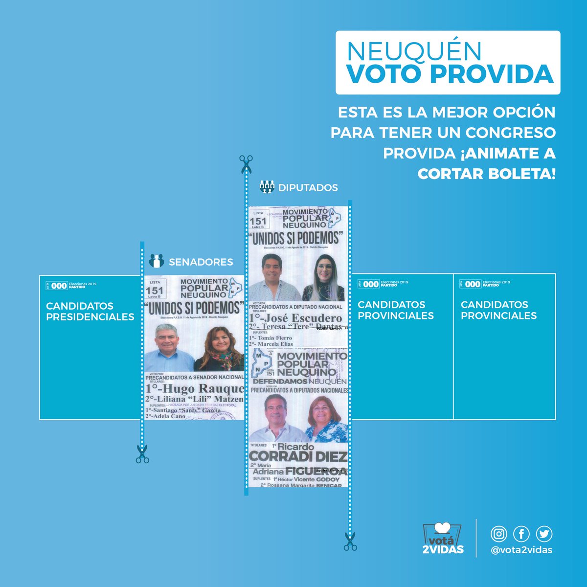 Vota2Vidas's tweet photo. NEUQUÉN

La mejor opción para votar por un Congreso provida es eligiendo a los candidatos del Movimiento Popular Neuquino. Pero ¡atento! Porque la lista "Unidos si podemos" lleva providas en ambas cámaras, pero "Defendamos Neuquén" sólo en Diputados. #VotoCeleste https://t.co/fZBSeL0gzs