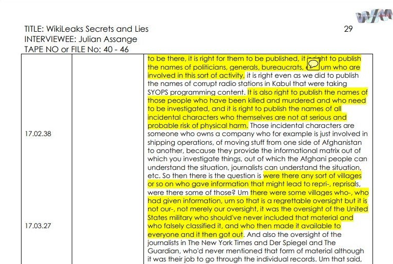 Julian spoke about redactions of the Afghan War Logs during his interview for "Secrets and Lies" (2011) - which turned out to be a smear job.Unfortunately, most of his comments were (ironically) redacted, but a transcript remains. See from 15.59.16. https://wlstorage.net/file/cms/Folder%203/WIKILEAKS%20SECRETS%20AND%20LIES%20JULIAN%20ASSANGE%20INTERVIEWTRANSCRIPT.pdf