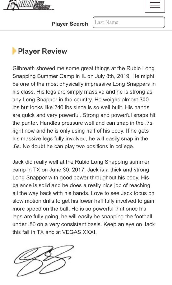 Thanks for the review <a href="/TheChrisRubio/">Rubio Long Snapping®</a> and feedback. Looking forward to both long snapping and Center this season and getting better for the next level. <a href="/Coach_DChambers/">Dana Chambers Sr</a> <a href="/hankmccl/">Hank McClung🏈🪖🌵</a> <a href="/CoachBreyCook/">Brey Cook</a> <a href="/Coach_Clardy/">Robert Clardy</a> <a href="/robbray5/">Rob Bray</a> <a href="/CoachEvans1960/">Kenny Evans</a> <a href="/CoachJSims/">Jeffrey Sims</a> <a href="/johnpowers52/">John Powers</a>