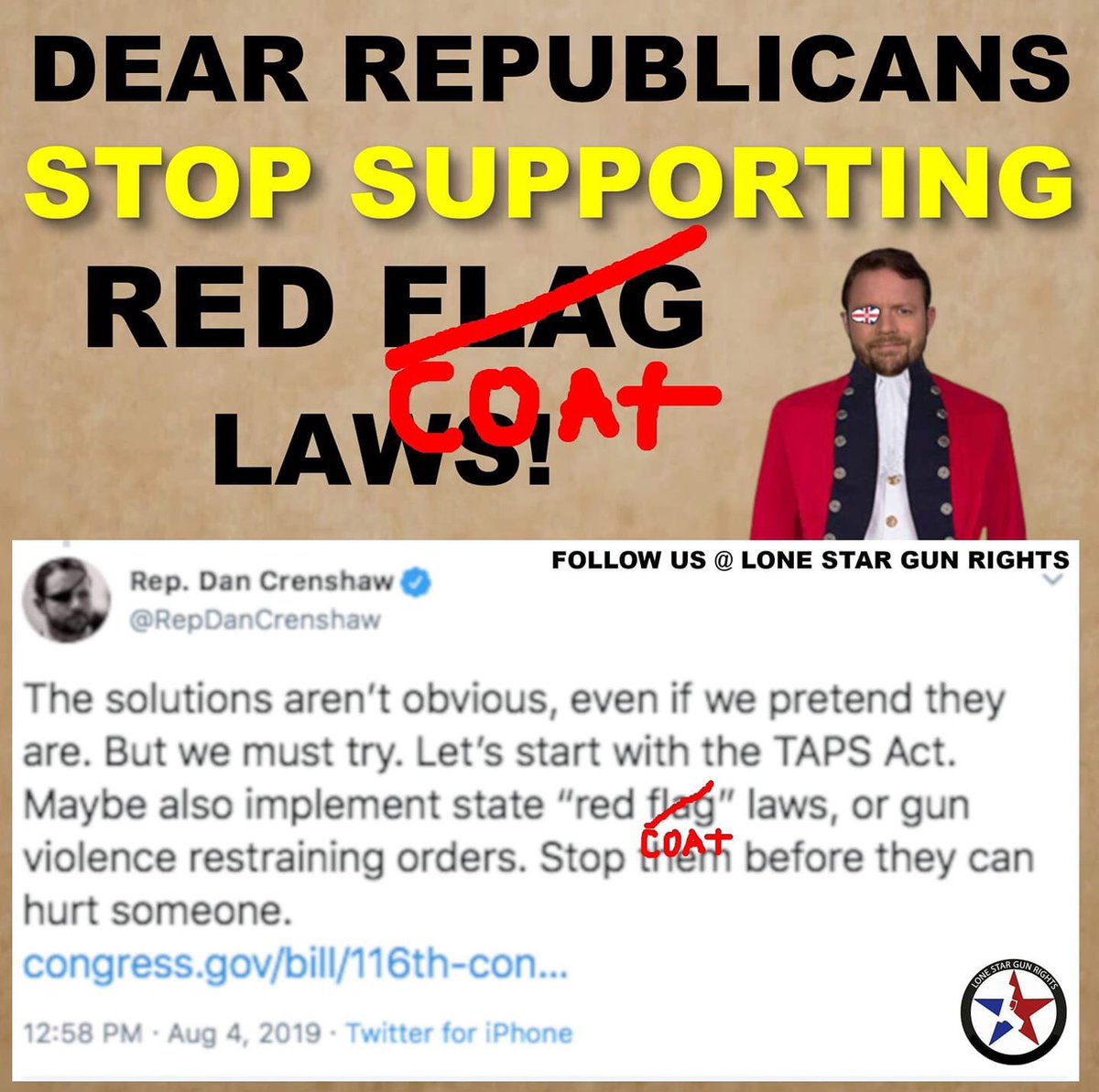 LoneStarGRights's tweet photo. @RepDanCrenshaw and @realDonaldTrump are pushing red coat laws that have gotten innocent people killed by law enforcement! We need to take a stand against them! #RedCoatLaws #RedCoatRepublicans

Join us today and help our fight! 

Click here to join >> https://t.co/Iub3xdBr3i https://t.co/GGuAS0MehE