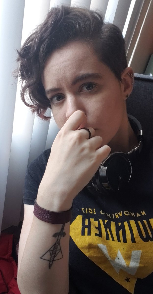 ProbablyJustJo's tweet photo. Oh hey look, I'm #brunette again! And rocking that #nanowrimo winners shirt ✌
#nonbinaryaf #aceaf https://t.co/yGLVrQtC7r