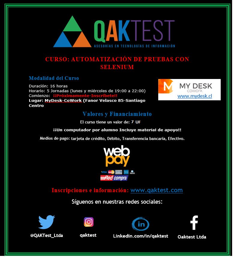 QAKTest_Ltda's tweet photo. Curso: Automatización - #Selenium https://t.co/7rVGVidpRZ