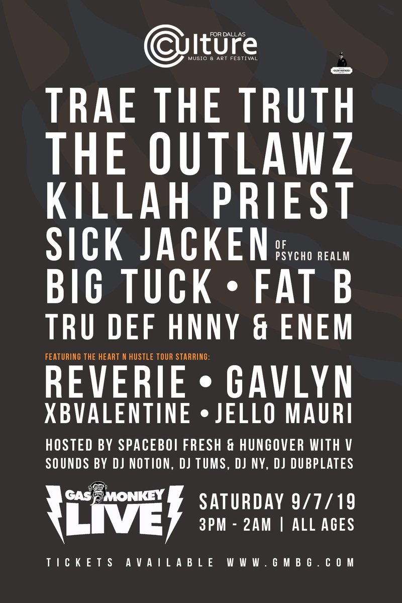 DFWHIPHOPEVENTS's tweet photo. Saturday 9/7 -Live in Dallas, TX at @GasMonkeyLive!
@TRAEABN , @TheOutlawz, @SickJacken , @KillahPriest, @GavlynIsMom, @Reverielove, @thabigtuck, @xBValentine, @JelloMauri and more. https://t.co/Yj2RCgeX6q