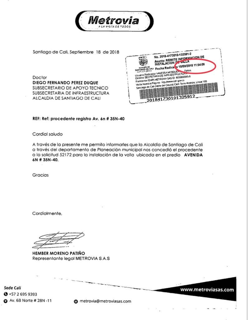 Diluma14's tweet photo. Metrovia mediante radicado de fecha 18-09-2018 a las 11:54 a.m. informa al subsecretario de apoyo técnico el concepto de procedente a la solicitud 52172 para la instalación de la valla ubicada en Av. 6N #35N - 40 https://t.co/dwOTR2OPk4