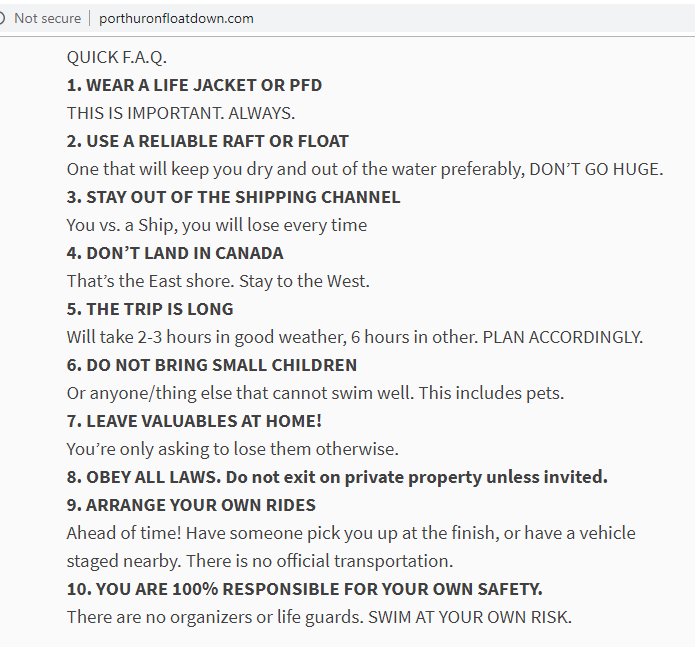 PHFloatDown's tweet photo. "Some of these warnings are also echoed on the official Port Huron Float Down website, but not to the same degree. "

No disrespect, @elizabethkeith_ but the #1 thing on the Float Down website says "1. WEAR A LIFE JACKET OR PFD
THIS IS IMPORTANT. ALWAYS."
It's right on the home. https://t.co/8c8yFtVXKZ