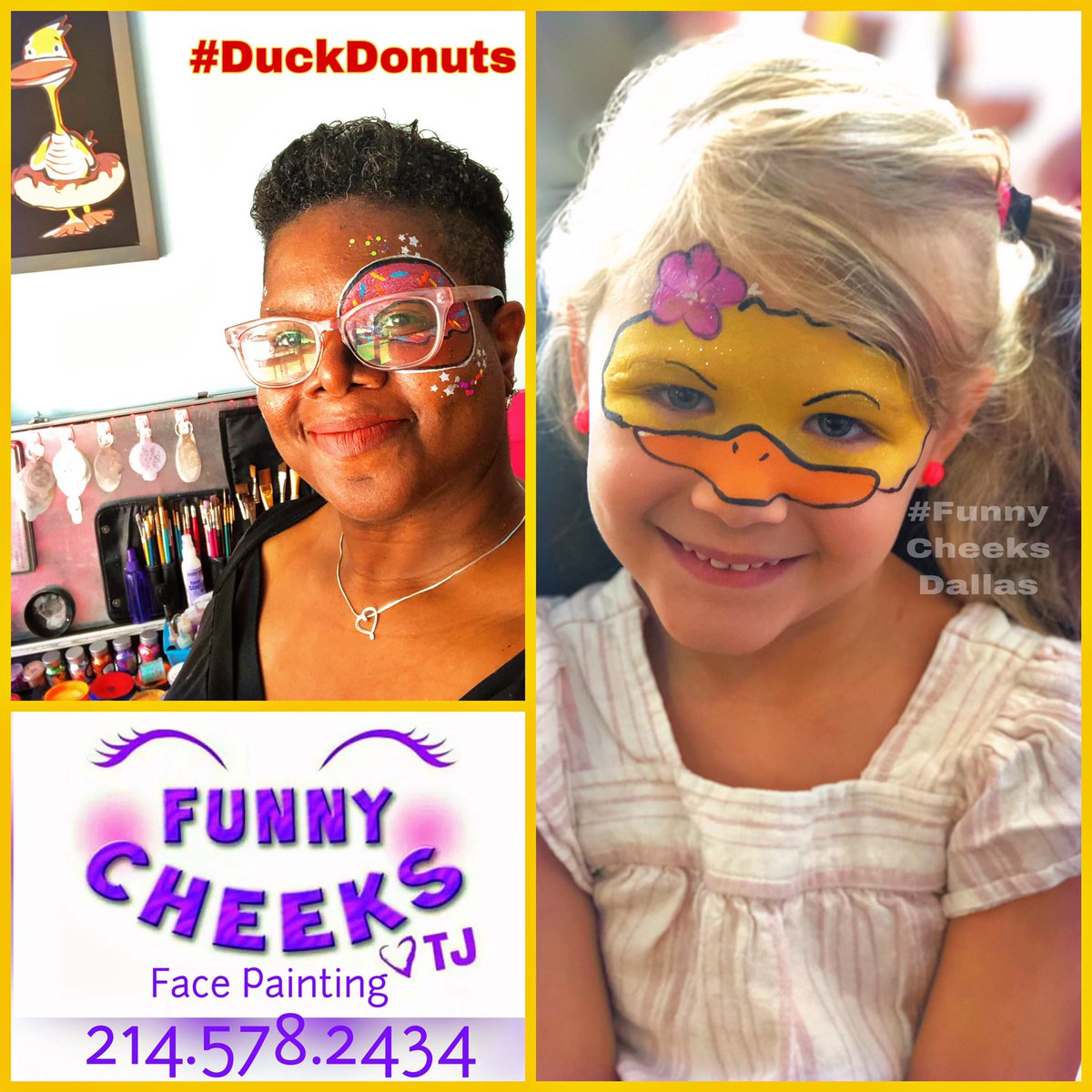 FunnyCheeksTJ's tweet photo. Had a blast welcoming @duckdonuts to North Texas!🍩🍩🍩
#duckdonutsaddison #addisontx
#DuckHatching #duckdonuts #complimentaryfacepainting
#ducksanddonuts #FunnyCheeksDallas #dallasfacepainter #ilovedonuts #facepaintingfun #grandopening #northtexas #ntx #ilovefacepainting https://t.co/DrGNxCUNGw