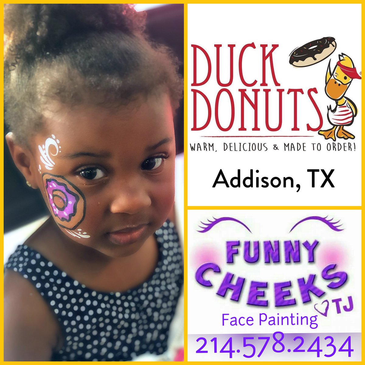 FunnyCheeksTJ's tweet photo. Had a blast welcoming @duckdonuts to North Texas!🍩🍩🍩
#duckdonutsaddison #addisontx
#DuckHatching #duckdonuts #complimentaryfacepainting
#ducksanddonuts #FunnyCheeksDallas #dallasfacepainter #ilovedonuts #facepaintingfun #grandopening #northtexas #ntx #ilovefacepainting https://t.co/DrGNxCUNGw
